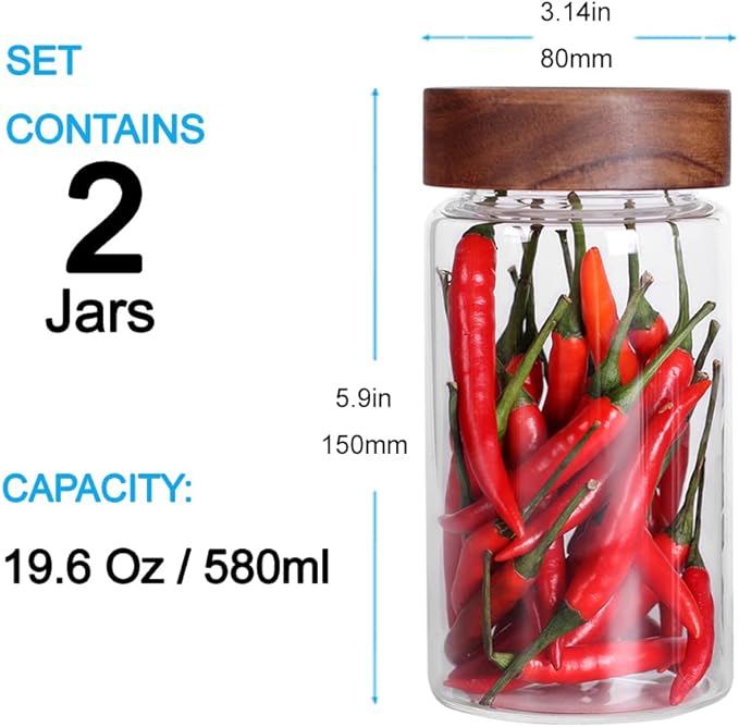 SAIOOL with Screw Cap (2-Units) kitchen jars, 580ML*2 Food Storage Canisters,Clear,Spice jars,Fermenting, Pickling, or DIY Decors and Projects, You Can even Use them for Freezing Desserts