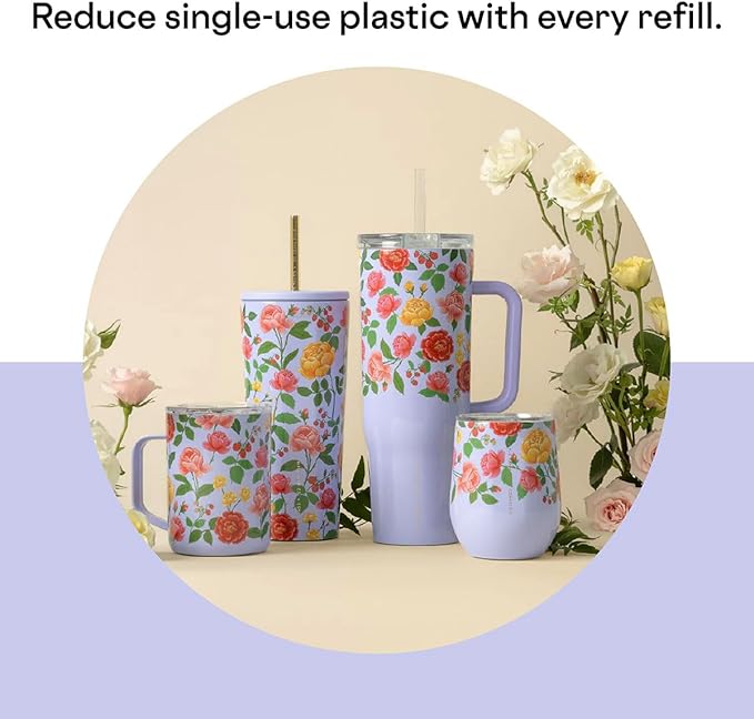 Corkcicle x Rifle Paper Co. Triple Insulated Coffee Mug with Lid and Handle, Roses Purple, 16 oz – Stainless Steel Travel Mug Keeps Beverages Hot for 3+ Hours – Non-Slip, Easy-Grip, Spill-Resistant
