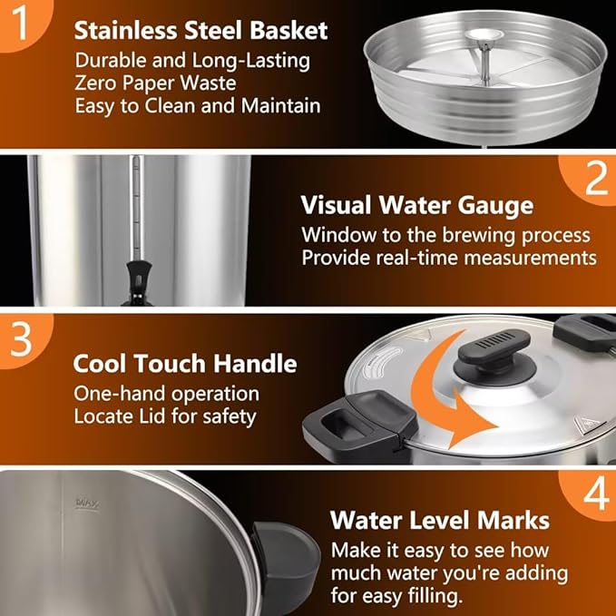 75 Cup 12L/3.17Gallon Commercial Coffee Urn, Festa Essential 950W Large Percolate Coffee Maker, Hot Beverage dispenser With Double Dripless Faucet, Quick-Brewing Hot Water Urn for Catering,Home,Events
