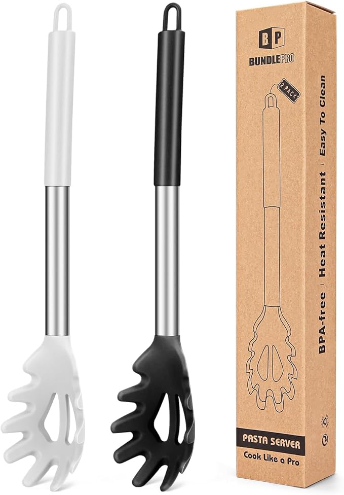 Pack of 2 Silicone Pasta Fork, Kitchen Heat Resistant Noodle Spoon Server, BPA Free Spaghetti Strainer, Best Cooking Tools (BLACK-WHITE)