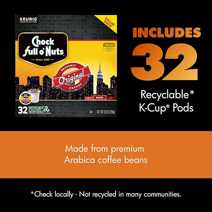 Chock Full o' Nuts Heavenly Original Keurig K-Cup Pods for Keurig Brewers – Premium Arabica, Medium Roast – Single Serve – 1 Pack of 32 K-Cup Pods