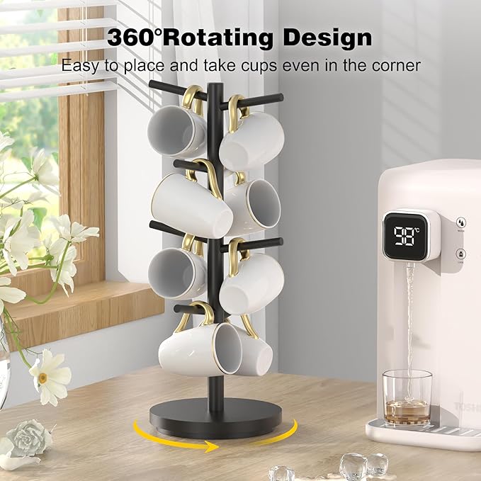 Wisuce Coffee Mug Holder Tree Upgraded 360Rotated Cup Holder for Counter Black Wood Cup Tree Mug Rack Organizer Stand with 8 Hooks for Kitchen Coffee Bar Accessories