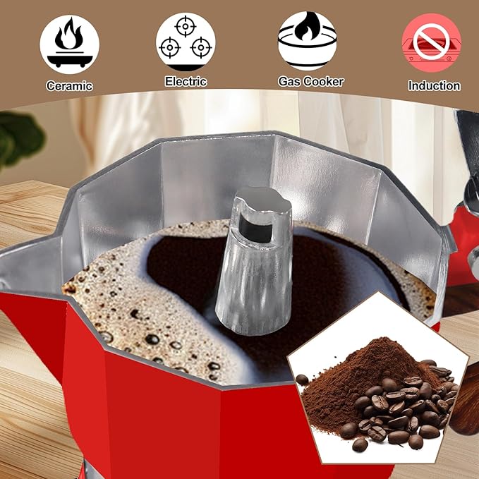 Aluminum 3 Cup 150ml Moka Pot Express Coffee Maker Stovetop Espresso Colorful Coffeemaker Italian Classic Style Brewing Greca Cafe Mocha Machine for Cafeteras Lover Camping Travel and Home Use 5oz