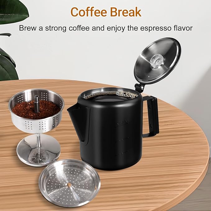 No Coating 9 Cup Percolator Coffee Pot 304 Stainless Steel Moka Pot Stovetop Espresso Maker Italian Greca Cuban Machine 1500ml 50.7oz Suitable for Gas Induction Stovetop Camping Kettle