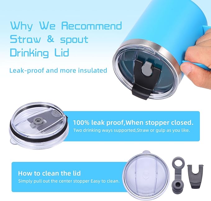 Volhoply 12oz Insulated Leakproof Coffee Mug with Flip & Straw Lid Bulk 2 Pack,Double Wall Vacuum Stainless Steel Travel Tumbler Cup with Handle,Reusable Camping Mugs Keep Cold/Hot(Blue,2 Set)