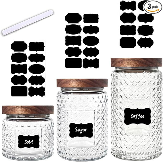Glass Jars with Wood Lids Labels and Pen - Kitchen and Pantry Storage Container Sets for Countertop, Airtight Decorative Vintage Canisters for Candy, Cookie, Treat, Sugar, Coffee, Tea, Set of 3