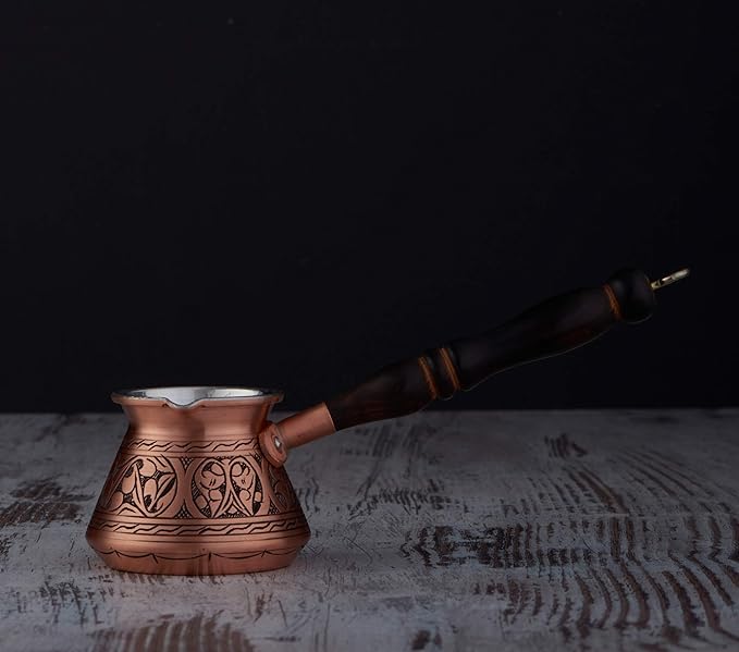 DEMMEX Thickest Copper Turkish Greek Arabic Coffee Pot, Stovetop Coffee Maker, Cezve Ibrik Briki with Wooden Handle & Spoon, Hand Engraved (Matte Copper, 9 Ounces)