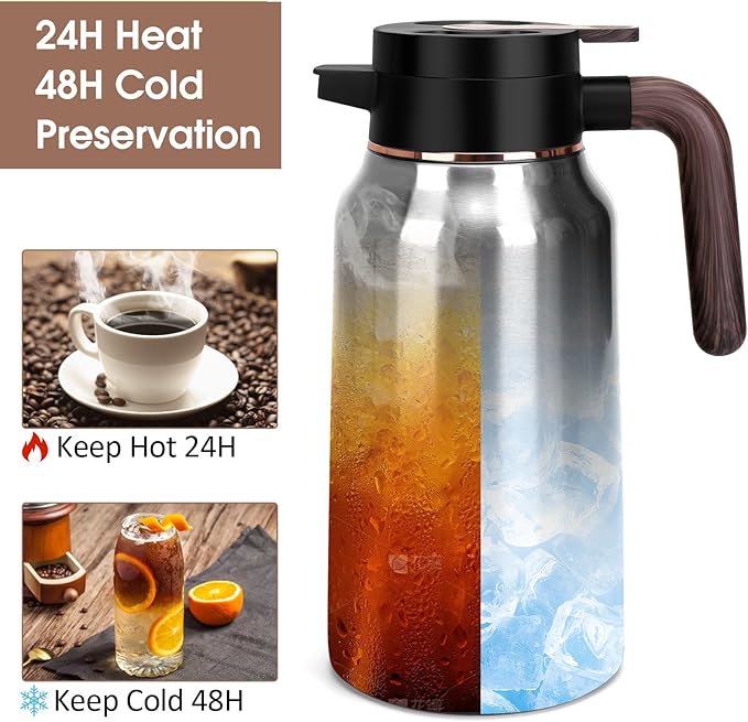68oz Thermal Coffee Carafe, Stainless Steel Carafes for Hot Liquids 24 Hours, Insulated Coffee Carafes For Keeping Hot Coffee, Hot Water, Tea, Hot Beverage (Silver)