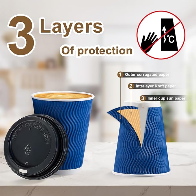 500 Pack Coffee Cups with Lids 12oz, Disposable Insulated Ripple Wall To Go Paper Coffee Cups for Hot/Cold Drinks Office Home Shop Event (Navy)