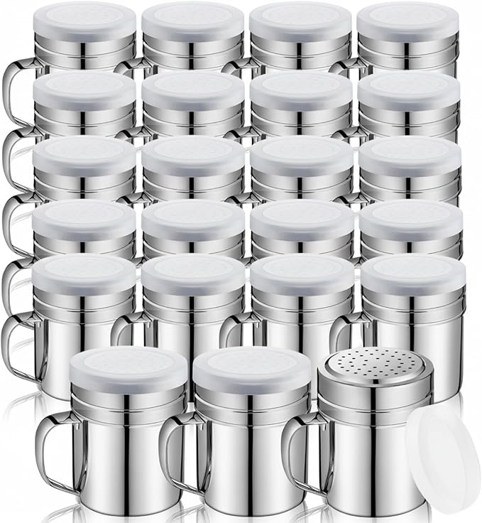 Lallisa 20 Pcs Stainless Steel Salt and Pepper Shakers with Lid and Handle Dredge Spice Seasoning Condiment Popcorn Salt Shaker Powder Sugar Flour for Cooking Kitchen Baking (10oz)