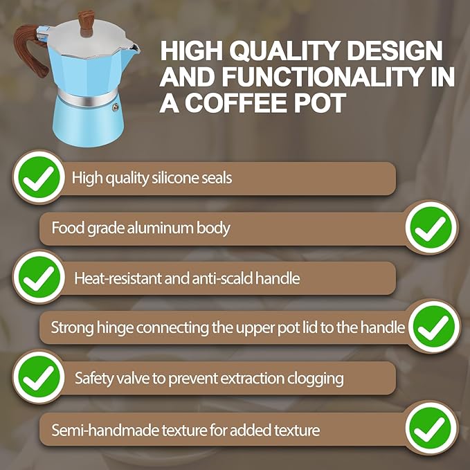 Aluminum 6 Cup 300ml Moka Pot Express Coffee Maker Stovetop Espresso Colorful Coffeemaker Italian Classic Style Brewing Greca Cafe Mocha Machine for Cafeteras Lover Camping Travel and Home Use 10oz