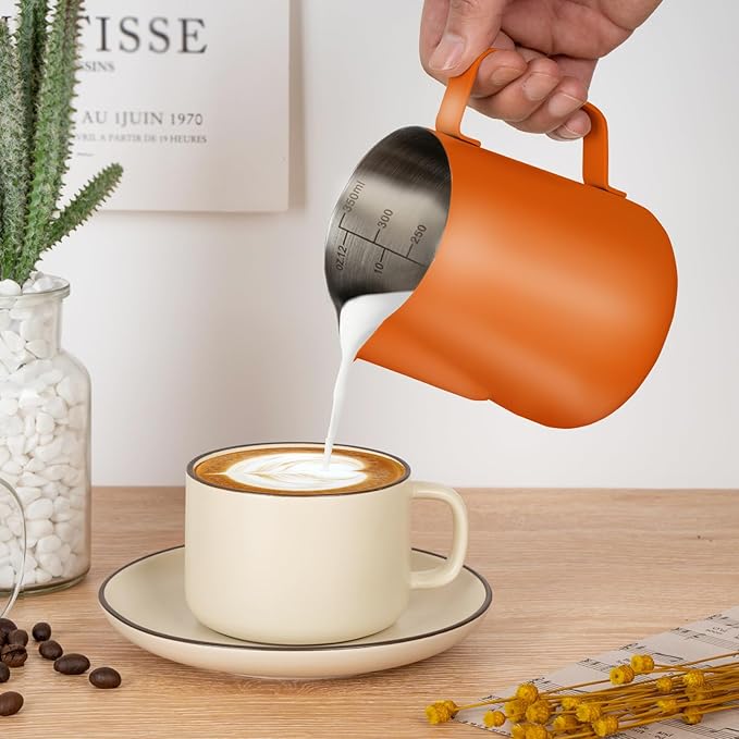 Milk Frothing Pitcher, 12 oz Milk Frother Cup with Clear Scale, 304 Stainless Steel Cappuccino Espresso Machine Accessories for Barista Coffee Bar with Latte Art Pen, Orange