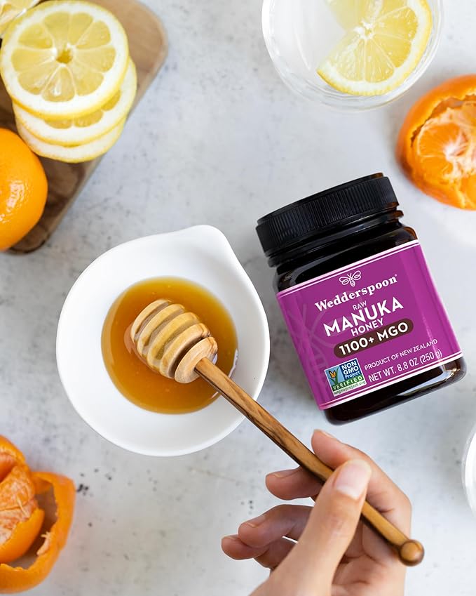 Wedderspoon Raw Premium Manuka Honey, 1100+ MGO, 8.8 Oz, Unpasteurized New Zealand Honey, From Our Hives to Your Home