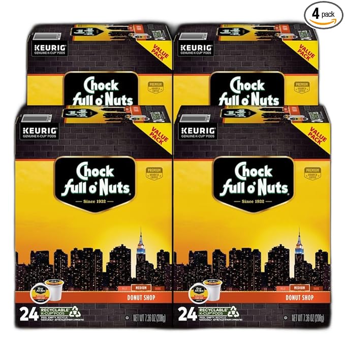 Chock Full o' Nuts Donut Shop Keurig K-Cup Pods for Keurig Brewers – Premium Arabica, Medium Roast – Single Serve – 4 Packs of 24 K-Cup Pods