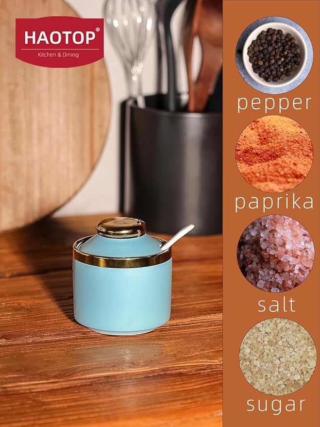 HAOTOP 8 oz Sugar Bowl with Lid and Spoon, Simple Ceramic Sugar Jar Sugar Dispenser Sugar Container Coffee Bar Accessories, Modern Kitchen Countertop Canisters, Turquoise