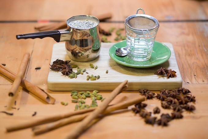 14oz Chai teapot and strainer combo. Turkish coffee pot and fine mesh strainer together for making perfect Prana Chai at home