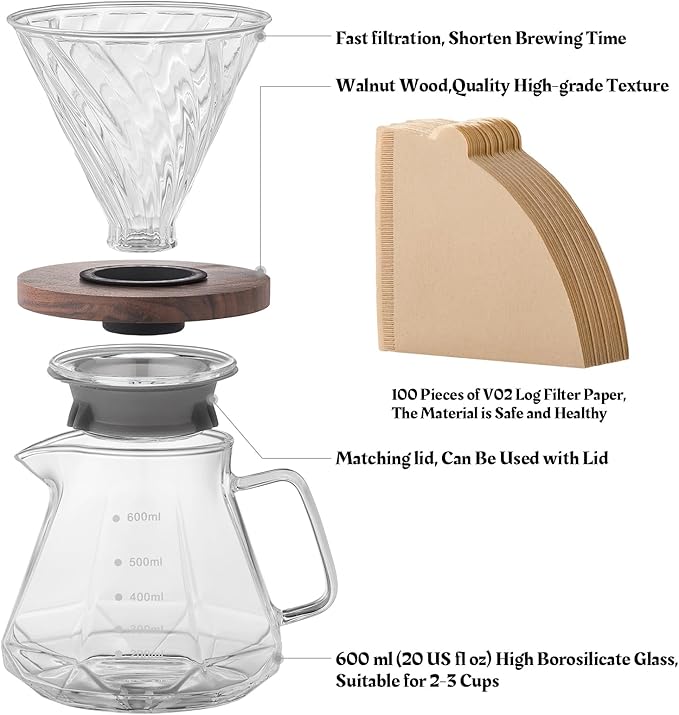 Pour Over Coffee Maker Set – Drip Coffee Pot with Walnut Handle, Glass Coffee Dripper & 100 Filters, 20oz/600ml Capacity