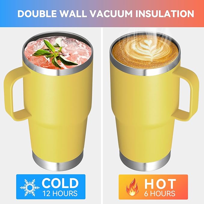 VEGOND 20 oz Tumbler with Handle Lid and Straw, Stainless Steel Insulated Travel Coffee Mug Spill Proof Double Wall Metal Tumbler Cup Keeps Drink Hot and Cold, Yellow 1 Pack