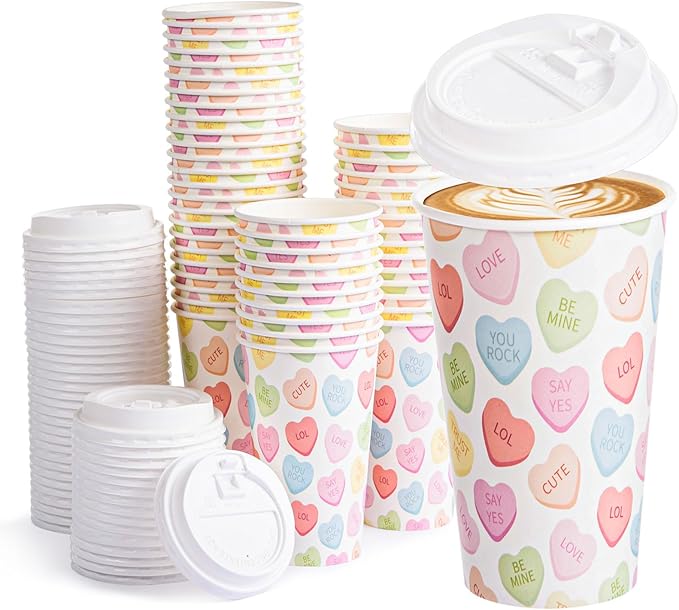 FOBSME 50 Pcs Valentine Disposable Coffee Cups With Lids 16oz Conversation Heart Paper Cups Colorful Valentine Party Drinking Cups for Wedding Anniversary Party Supplies