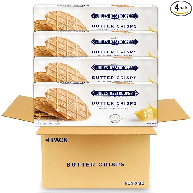 Jules Destrooper Butter Crisps - Caramelized Waffle Cookies, Certified Kosher Dairy, Non-GMO, Authentic Biscuits Made in Belgium - 3.5 Oz, Pack of 4