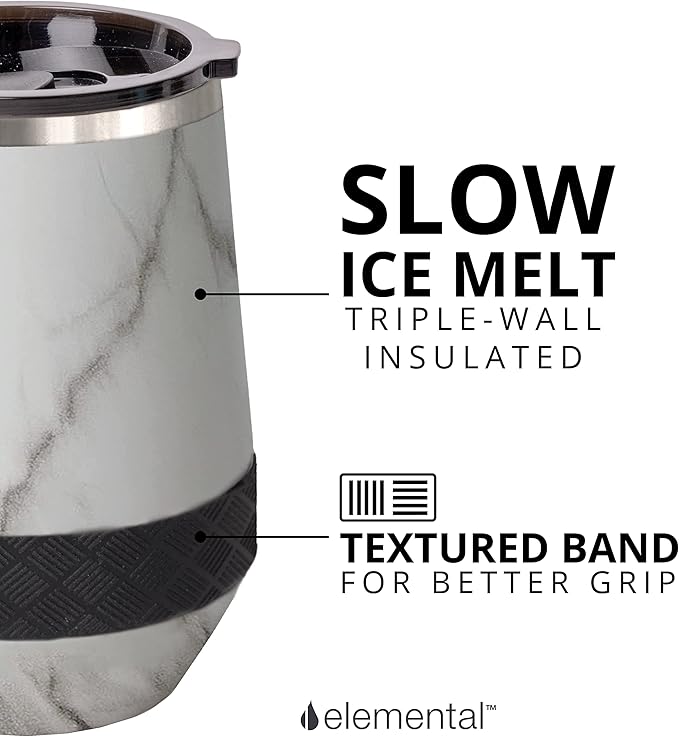 Elemental Recess Wine Tumbler - Triple Wall Insulated Stainless Steel Coffee Mug for Hot & Cold Drinks - Portable Cup with Shatterproof Sip Lid for Camping, Outdoor & Travel - 10oz - White Marble