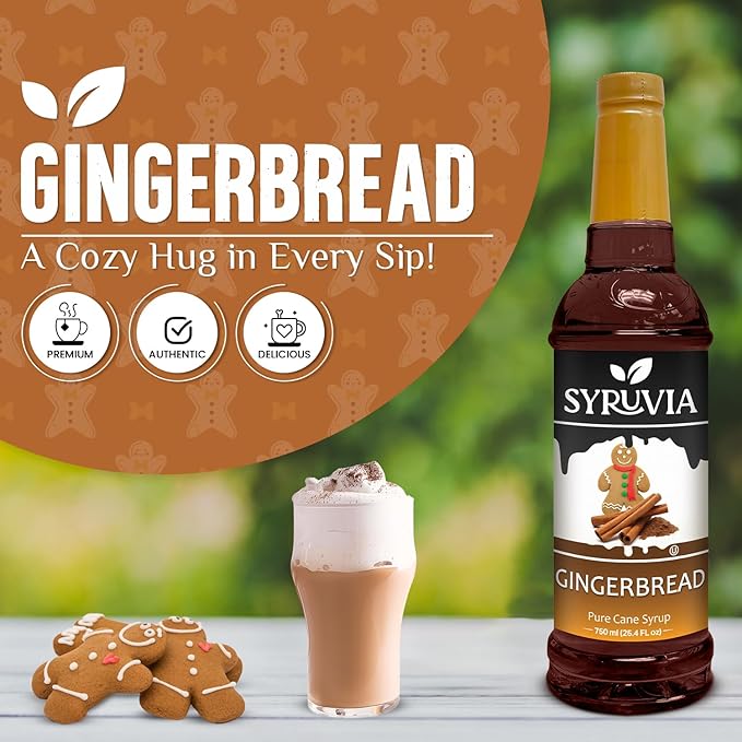 Syruvia Gingerbread Syrup for Coffee, Flavored Syrup for Drinks, Lattes, and Desserts – 25.4 fl oz, With Pump