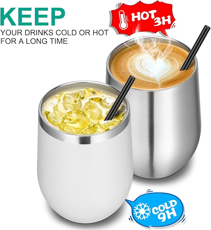 VEGOND 12oz Stainless Steel Wine Tumbler with Lid and Straw, Double Wall Vacuum Insulated Stemless Wine Glass Tumbler Cup, Coffee Mug for Cold Hot Drinks