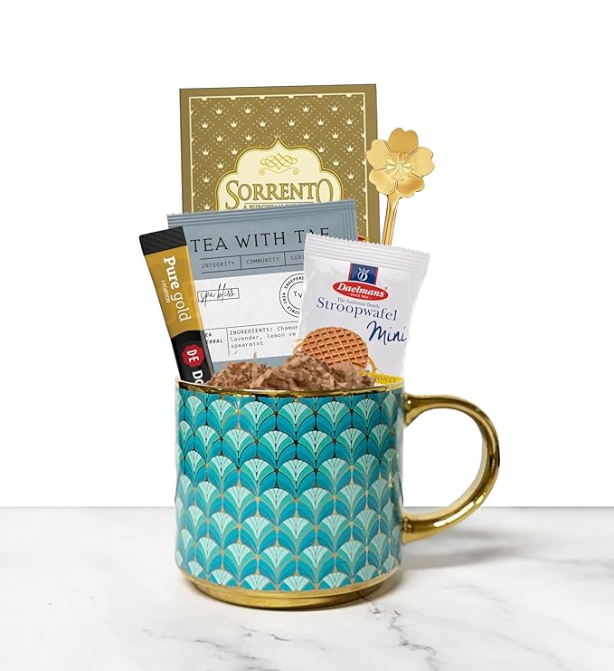 Coffee Tea Cocoa Indulgence Gift Set – Coffee, Tea, Cocoa & Stroopwafel in Turquoise Cup with Spoon – Comfort, Get Well, Birthday or Thinking of You Gift for Women (Hug In A Mug - Turquoise)