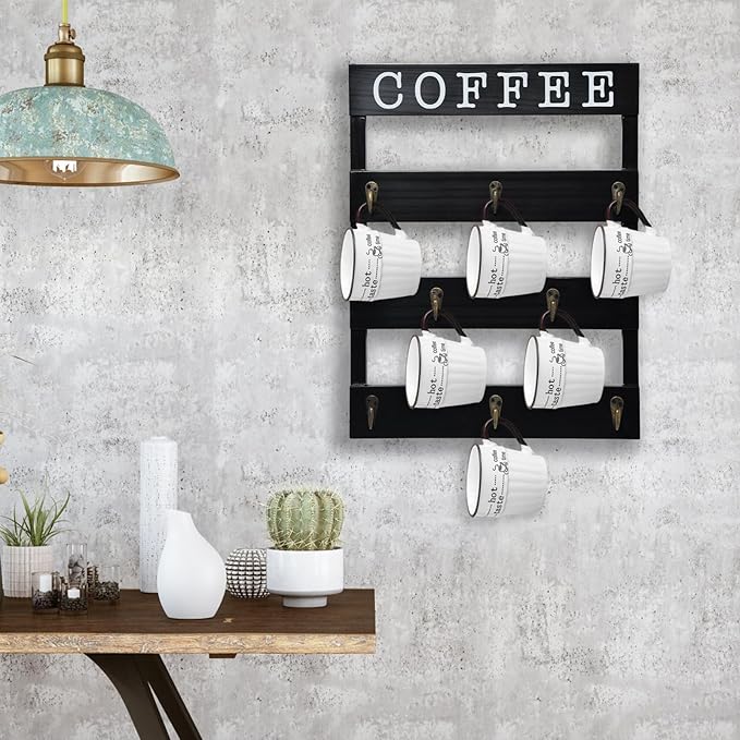 Solid Wood Coffee Mug Holder Wall Mounted, Rustic Cup Rack with 8 Hooks Large Space for Big Cups for Kitchen, Home, Coffee Bar Station (Black)