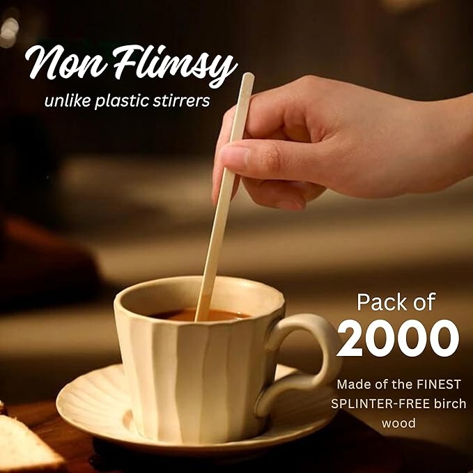Coffee Stirrers Disposable Wooden Coffee Stir Sticks - Round-End Birchwood 5.5 Inches Large Wooden Stir Sticks - Pack of 2000 Wood Stir Sticks