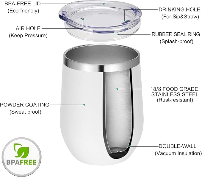 VEGOND Wine Tumblers Bulk 6 Pack, 12oz Stainless Steel Stemless Wine Glass with Lids and Straws, Double Wall Vacuum Insulated Tumbler Cup, Coffee Mug for Cold Hot Drinks