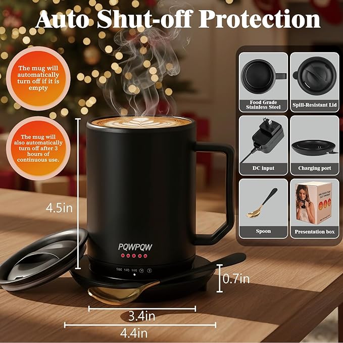 Smart Temperature Control Heated Coffee Mug - 12 oz Rechargeable Auto Heat Keeping Cup, 3-Level Settings/Dry-Boil Protection, Portable for Office Home Gift (Black)