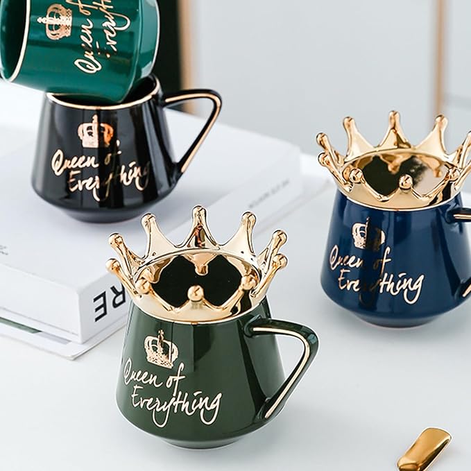 Queen of Everything Mug with Lid Sweet Black Mug with Crown Coffee 12 oz Mug Gift with Spoon & Coaster Ceramic Tea Mug Birthday Gift for Women Girls Mom Girlfriend