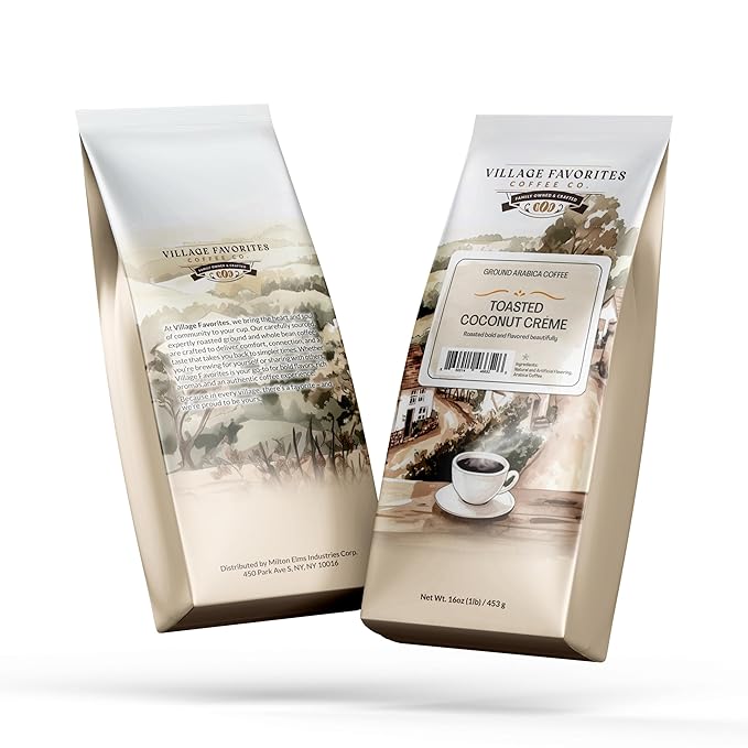 Village Favorites Flavored Coffee – Low Acid, Mold-Free, 100% Arabica, Slow Roasted Medium Roast, Smooth & Stomach Friendly, Ground, 1LB Bag (16oz)- Kosher (16oz, Toasted Coconut Crème)