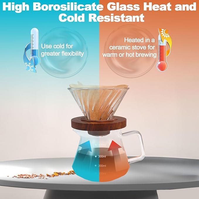 Pour Over Coffee Maker Set 400ml Portable with 50 Pcs Filter Paper Glass Coffee Maker High Borosilicate Glass Eagle Beak Spout Design Walnut Wood Base for Pour Over Dripper for Daily Brewing