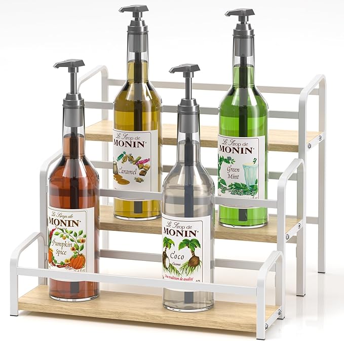 Coffee Syrup Organizer 3-Tier, 12 Bottles Capacity Syrup Rack for Coffee Bar Station, Wine Rack for Countertop, Tiered Spice Racks for Cabinet, Bottle Display Shelf Magnetic one-Step Installation