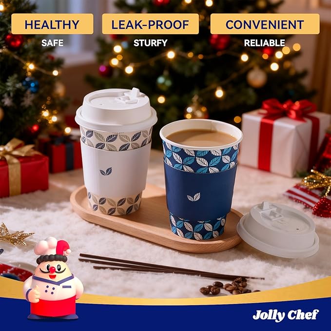 JOLLY CHEF 12oz Paper Coffee Cups 100 Pack, Disposable To Go Coffee Cups with Lids, Sleeves and Stirrers for Christmas