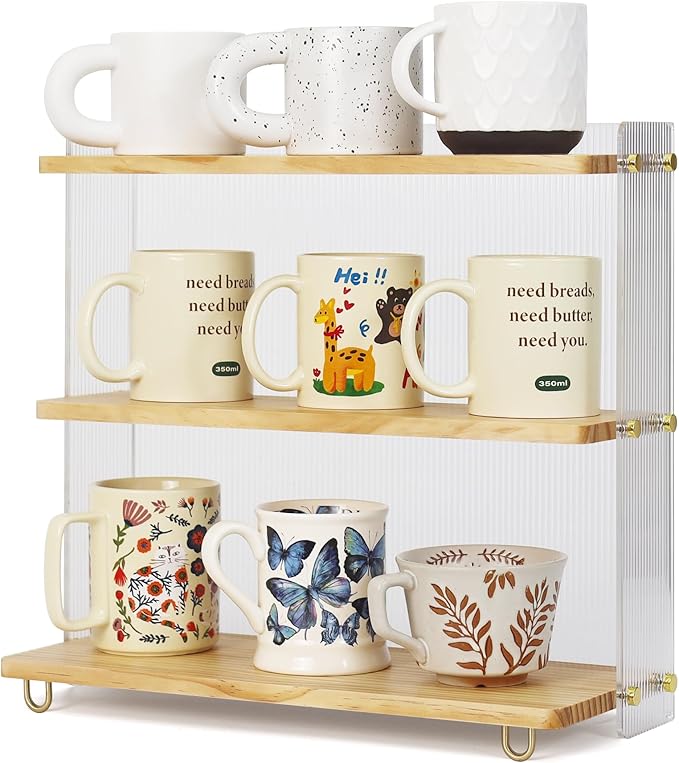 Coffee Mug Holder Wooden Cup Station Organizer 3 Tier Cup Holder for Coffee Bar Mug Display Rack for Countertop Mug Holder Shelf for Home Kitchen Pine Wood