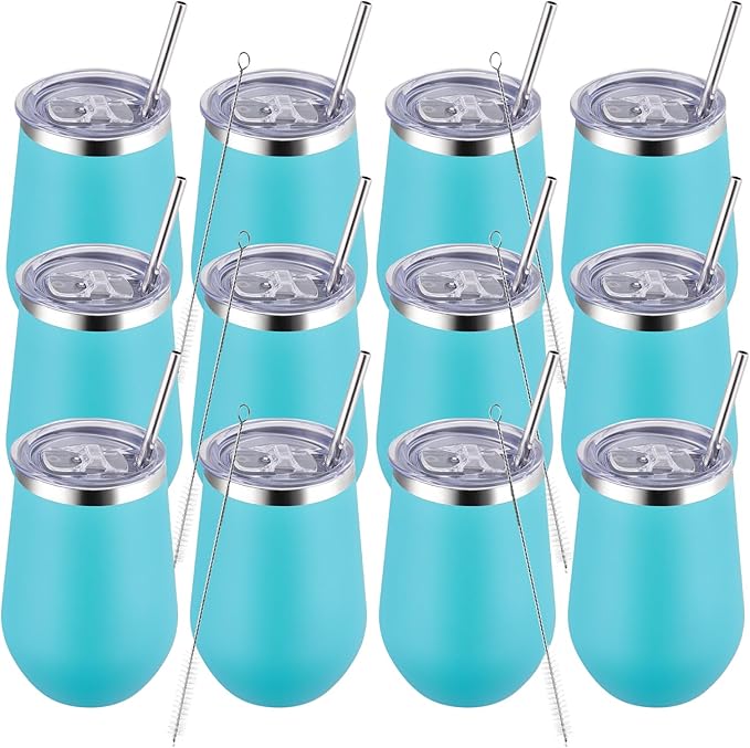 MEWAY Stemless 12oz Insulated Wine Tumbler with Lid and Straw - Double Wall Stainless Steel Thermal Cup for Hot and Cold Drinks, Ideal for Bridal and Baby Shower Game Prizes(Light Green,Set of 12)