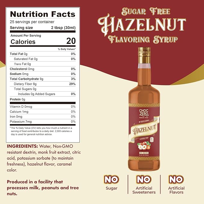 ChocZero Sugar Free Hazelnut Syrup for Coffee - Keto Flavoring Syrups - Low Calorie Simple Syrup for Flavored Drinks – 25.4 Fluid Ounces