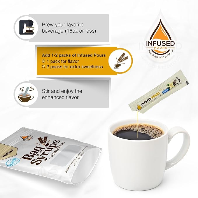 Single Serving Sugar Free Vanilla Syrup Packets for Coffee and Cocktails - 6mL Each, 30 Count - Bag of Syrups by Infused Pours (6mL, Sugar Free Vanilla)