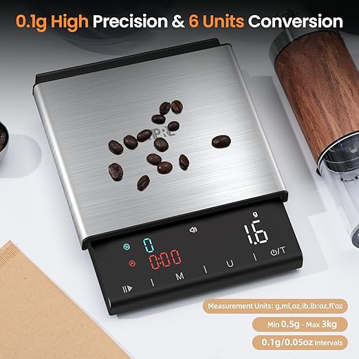 Coffee Scale with Timer, 0.1g High Precision Espresso Scale, Pour Over Coffee Weight Scale Rechargeable Coffee Scale for Espresso with Color LED Display, Touch Sensor, Silicone Cover