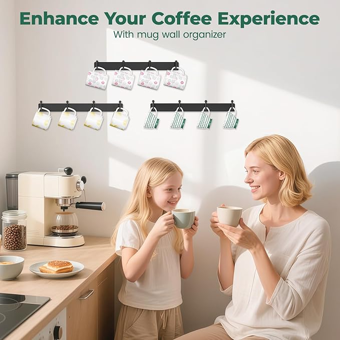 EsLuker.ly Mug Holder Rack Coffee Cup Hanger Wall Mount, Metal Wall Cup Shelf Organizer Stand with 12 Hooks, Fits Most Mugs Display for Home Kitchen, Easy to Install, Set of 3, Black
