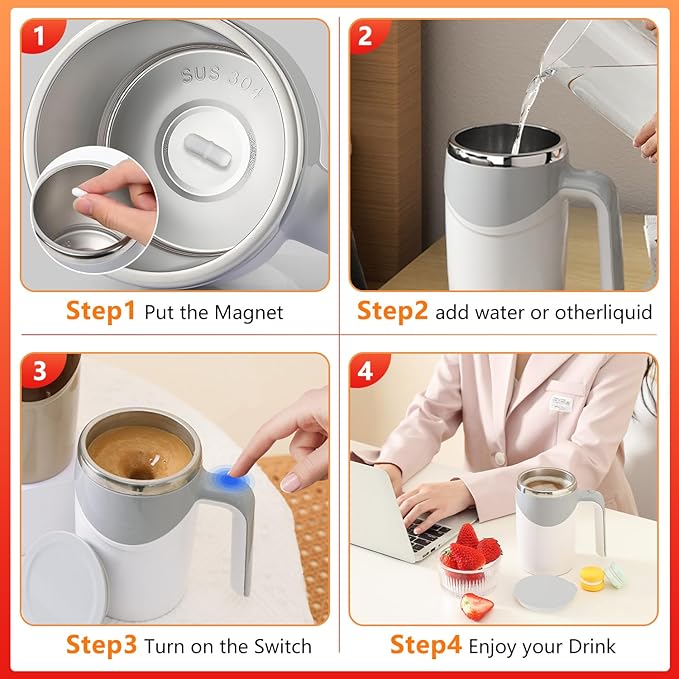 Automatic Self-Stirring Coffee Mug, Automatic Mixing Coffee, Milk, Protein Powder, Chocolate, Cocoa, Stainless Steel Material Suitable for Home, Office, and Travel, Exquisite Gifts (white)