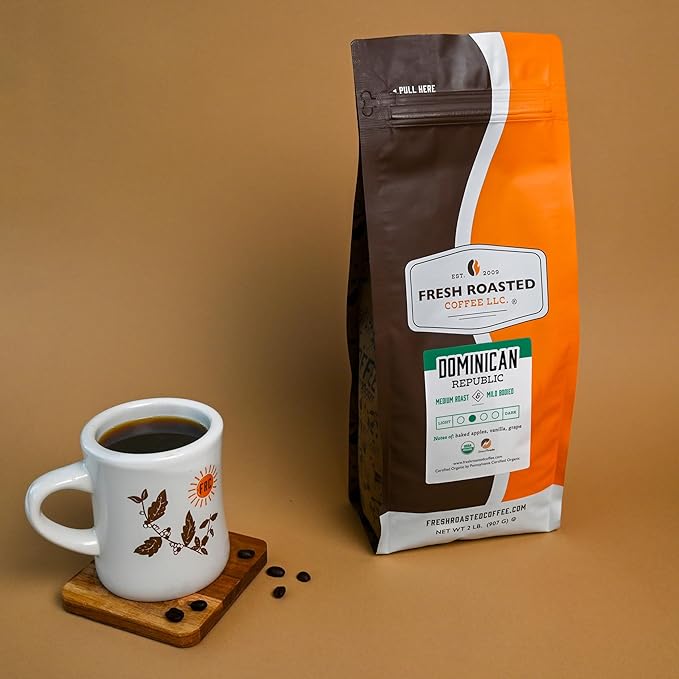 Fresh Roasted Coffee, Organic Dominican Republic | USDA Organic, Direct Trade, Kosher | Medium Roast 2 lb (32 oz) Ground