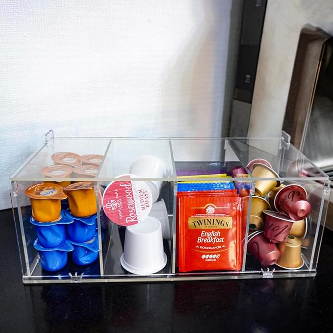 Coffee Capsule Holder Acrylic Box K Cup Holder Coffee Pod Storage Clear Acrylic 4 Compartment with Lid Organizer Coffee Bar Accessories