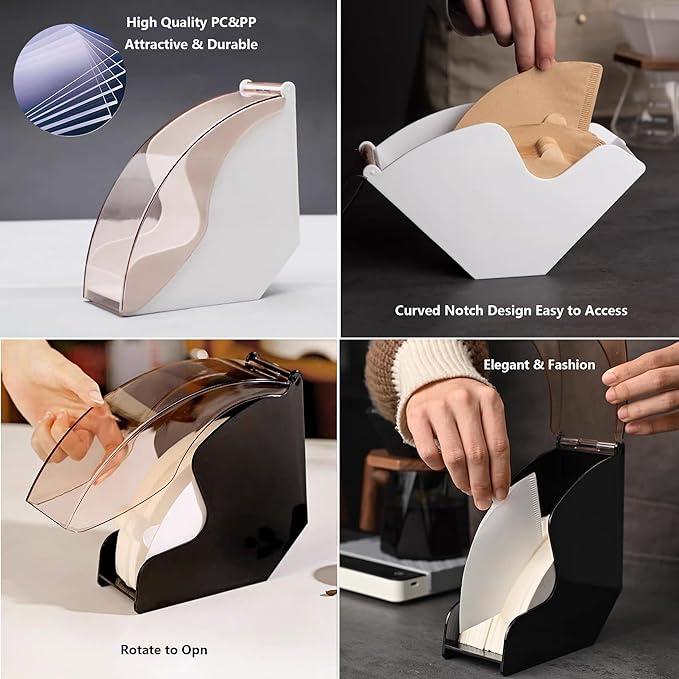 Coffee Filter Paper Holder with Dustproof Cover Coffee Filter Storage Container Filter Paper Box (Black for cone filter paper)