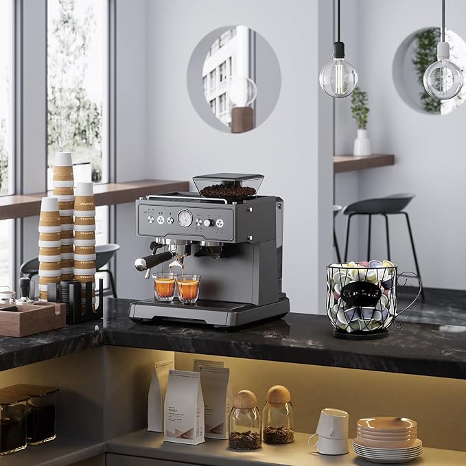 Coffee Pod Holder Organizer, Large Capacity K Cup Holder Organizer, Storage Basket for Kitchen Countertop Office Coffee Bar with Wooden Base(Rustic Black-Round)