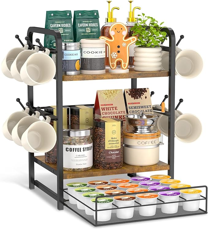 EsLuker.ly Coffee Bar Organizer Station Shelf Mug Holder for Countertop, 3 Tier Coffee Cup Stand Rack with 12 Hooks for Home Office, K Cup Pod Organizer Drawer, Keeps Essentials Tidy & Accessible