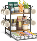 EsLuker.ly Coffee Bar Organizer Station Shelf Mug Holder for Countertop, 3 Tier Coffee Cup Stand Rack with 12 Hooks for Home Office, K Cup Pod Organizer Drawer, Keeps Essentials Tidy & Accessible